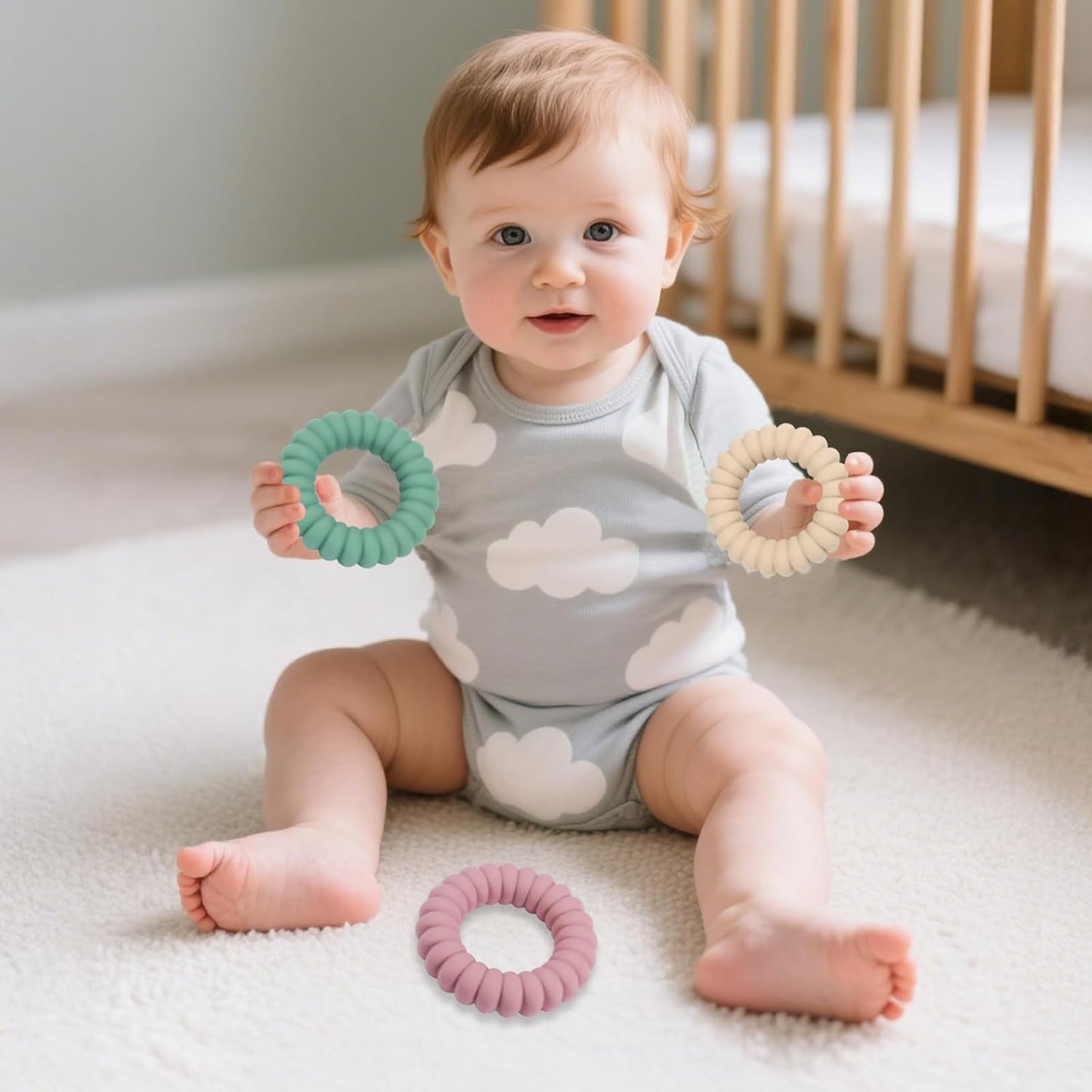 Baby Teether Toys, Silicone Teether Rings with Rattle for Babies, Textured Teething Rings Relief Soothing Sore Gums, 3 Pack