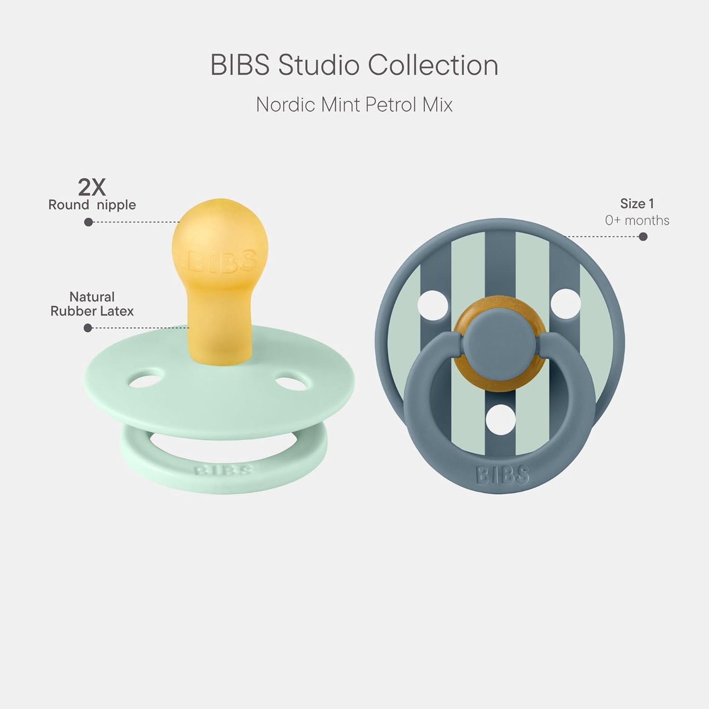 BIBS Pacifiers - Studio 2 Pack | Round Nipple Baby Pacifier | BPA Free Natural Rubber Latex Soother | Made in Denmark | Size 0+ Months | Block Nordic Mint Petrol