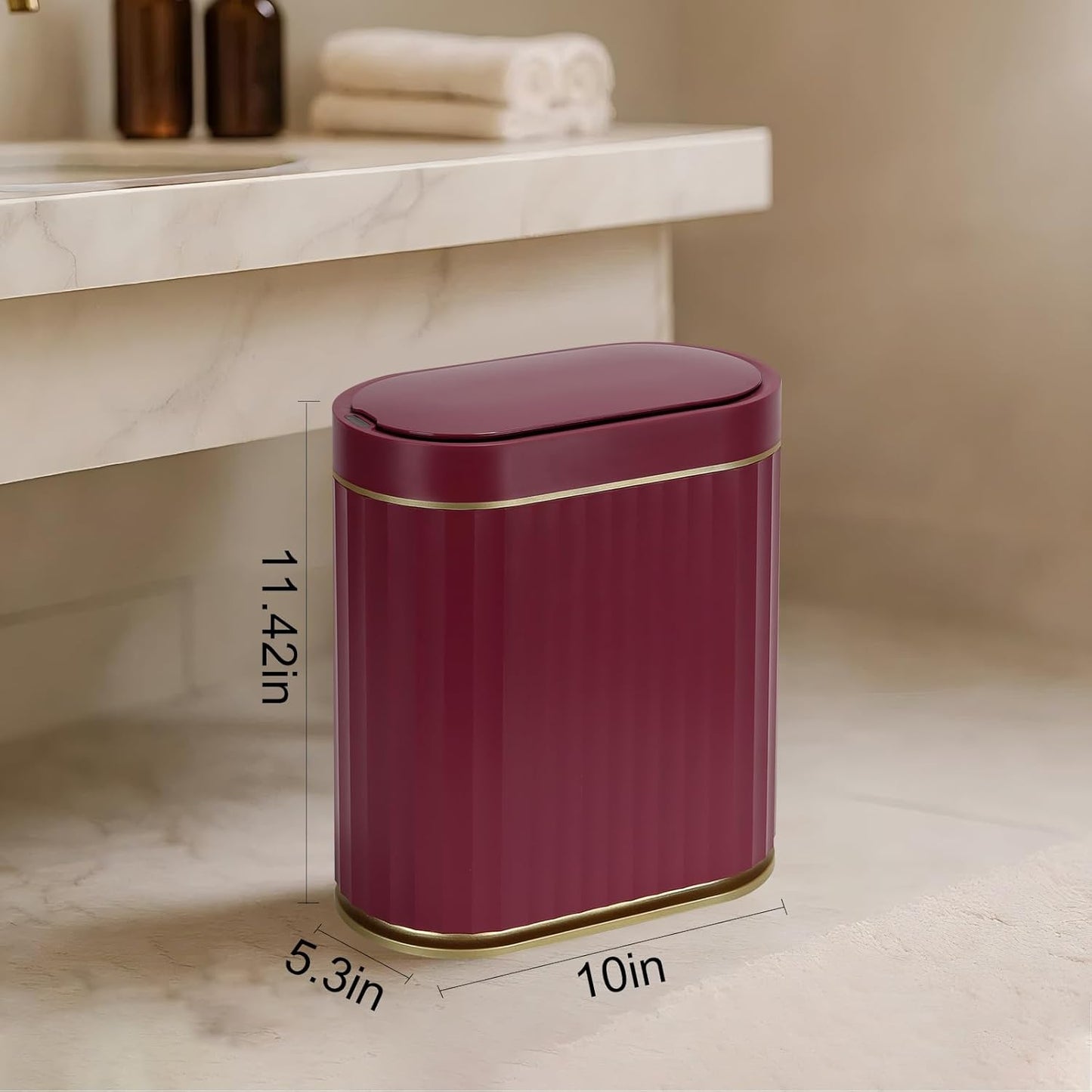 ELPHECO Bathroom Motion Sensor Trash can 2 Gallon Automatic Garbage Can, Slim Plastic Smart Trash Can with Lid, Commercial Intelligent Trash Bin for Bedroom, Bathroom, Office, Burgundy