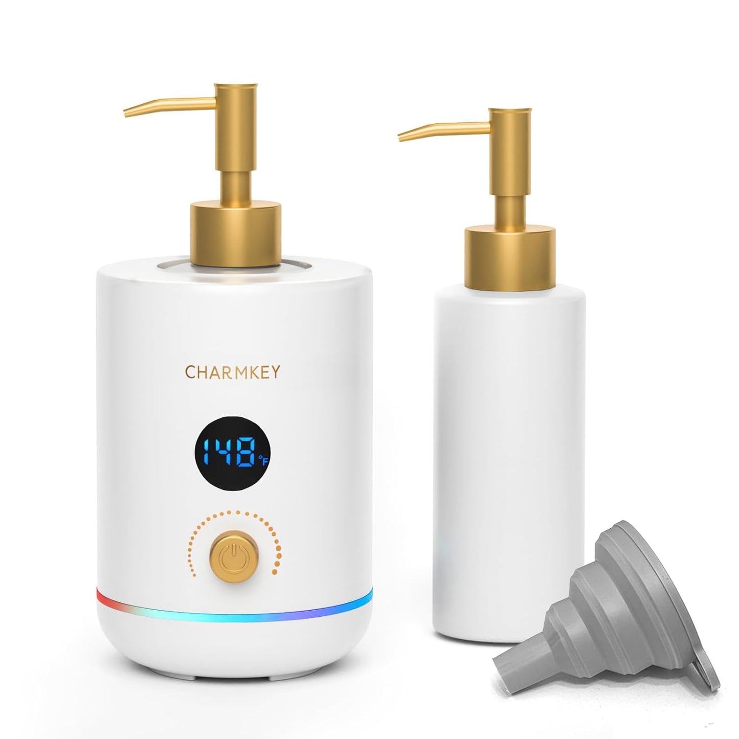 CHARMKEY Massage Oil Warmer White, 2 Oil Bottle Dispensers & 2 Silicone Funnels, Digital Heater for SPA, Oil Lotion Cream for Salon, Barber Shops, Home