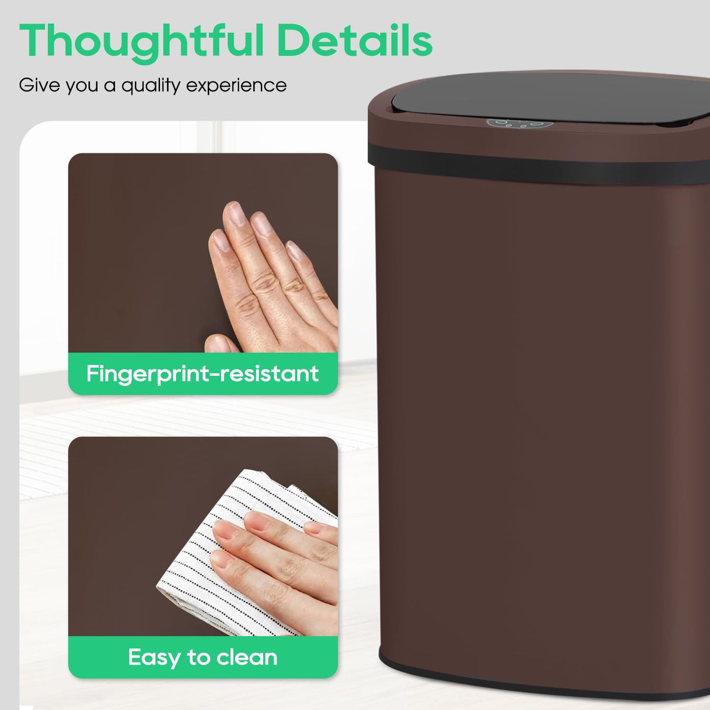 BestOffice | 13 Gallon Stainless Steel Trash Can with Lid | Brown | Automatic Touchless Garbage Can | Odor Control | Modern Oval Design | Easy to Clean | Fits Any Kitchen, Bathroom, Office or Home