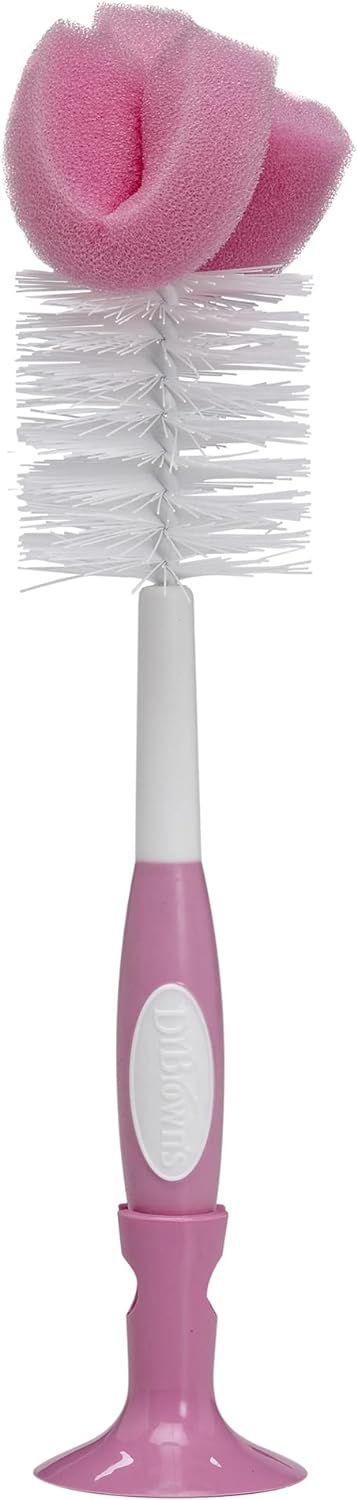Dr. Brown's Reusable Sponge Baby Bottle Cleaning Brush with Suction Cup Stand, Scrubber and Nipple Cleaner, Pink 1-Pack