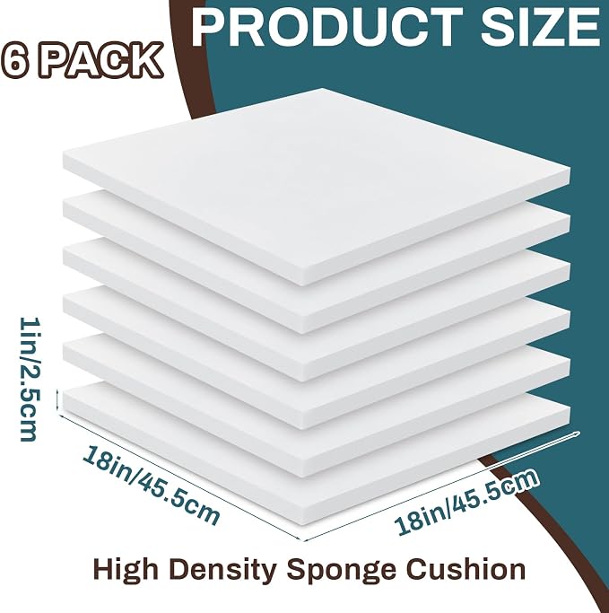 Frienda 6 Pack 1" X 18" X 18" Upholstery High Density Foam Cushion White