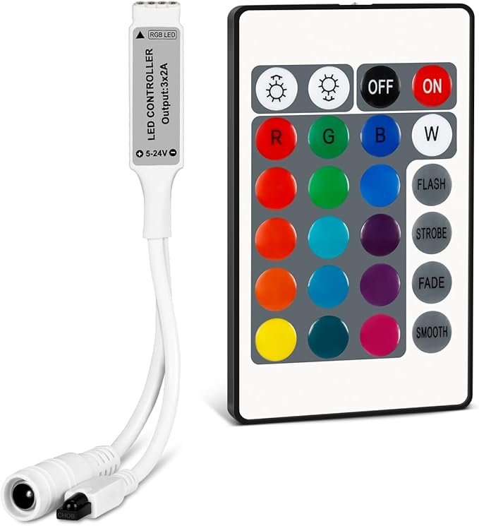 RGBZONE Mini 4 PIN LED Controller, 24 Keys IR Wireless Remote Control, DC 5V-24V RGB LED Light Strips Controller for SMD 3528 5050 5630 Light Strips