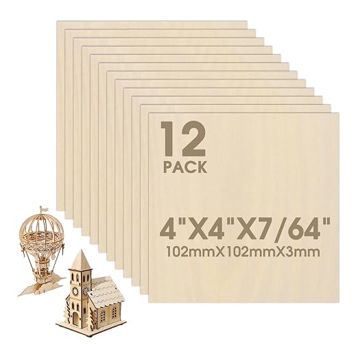 12 Pack Basswood Sheets 4"×4"×7/64" Unfinished Plywood Sheet | Smooth Thin Wood