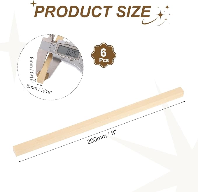 MECCANIXITY 6Pcs Basswood Sticks, 5/16" x 5/16" x 8" Square Wooden Dowel Rods