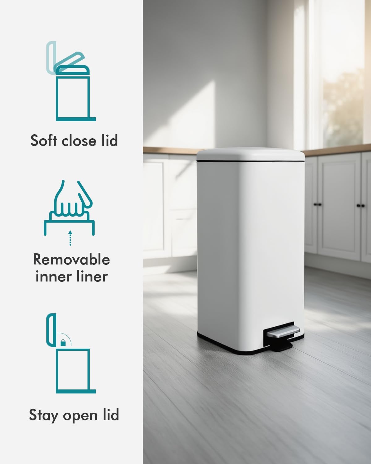 8 Gallon Square Trash Can with Lid, White Kitchen Trash Can with Soft Close, InnerBucket & Steel Pedal, Stainless Steel Garbage Can for Kitchen, Laundry Room, Office, Bathroom, Dorm