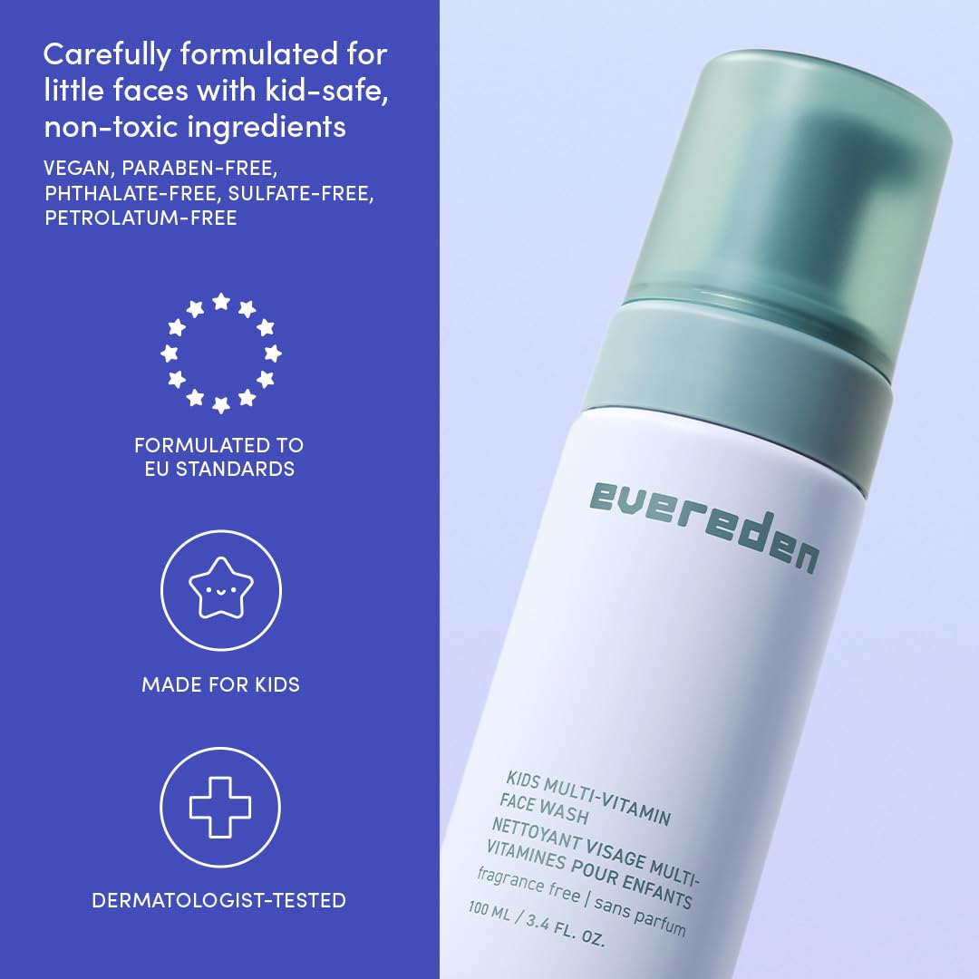 Evereden Fragrance Free Kids Face Wash: 3.4 fl oz. | Gentle Unscented Skin Care | Non-toxic and Clean Ingredients | Multi-Vitamin Skin Care for Kids