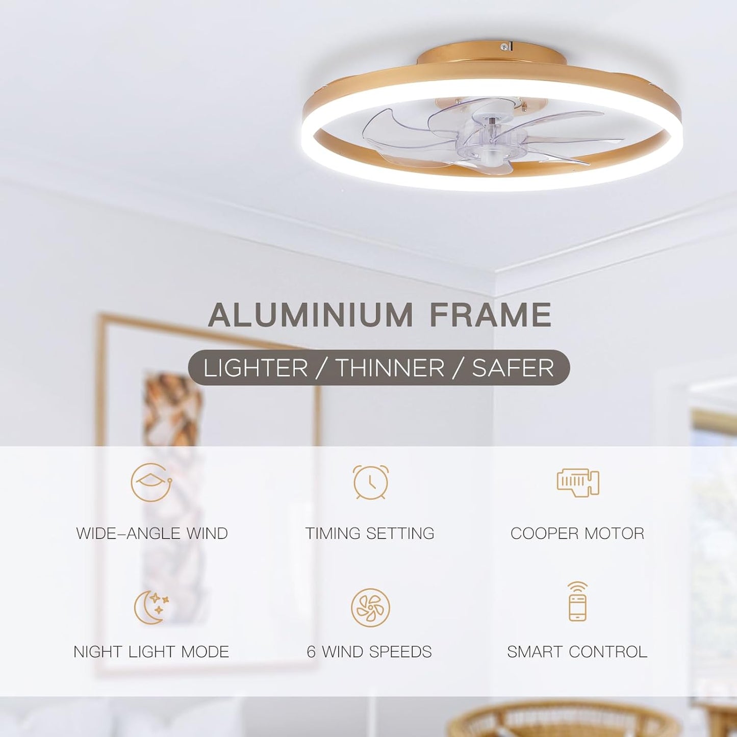 STERREN Modern Gold Ceiling Fans with Lights,20" Dimmable Flush Mount Low Profile Ceiling Fans with Remote Control,Indoor Smart Ceiling Fan with Light for Bedroom