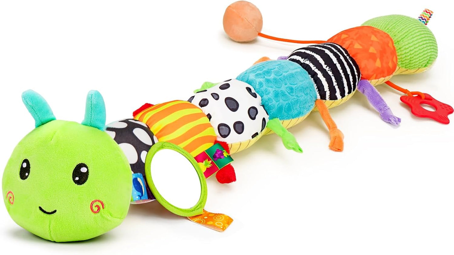 Baby Sensory Toy 0-6 Month Music Animal Stuffed Plush Caterpillar Toy for Infant 0-3-6-12 Month Old Tummy Time with Baby Mirror Crinkle Rattle Carseat Toys for Newborn Boys Girl Shower