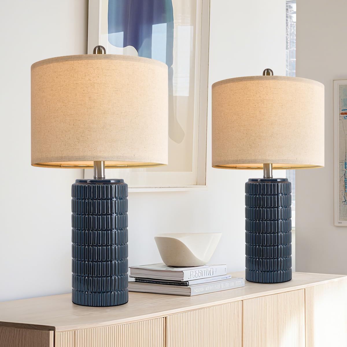 PoKat 24" Modern Ceramic Table Lamps Set of 2 for Bedroom, Blue Bedside Lamps for Night Stands, Farmhouse Desk Decor Nightstand Table Lamps for Living Room End Table Dark Blue