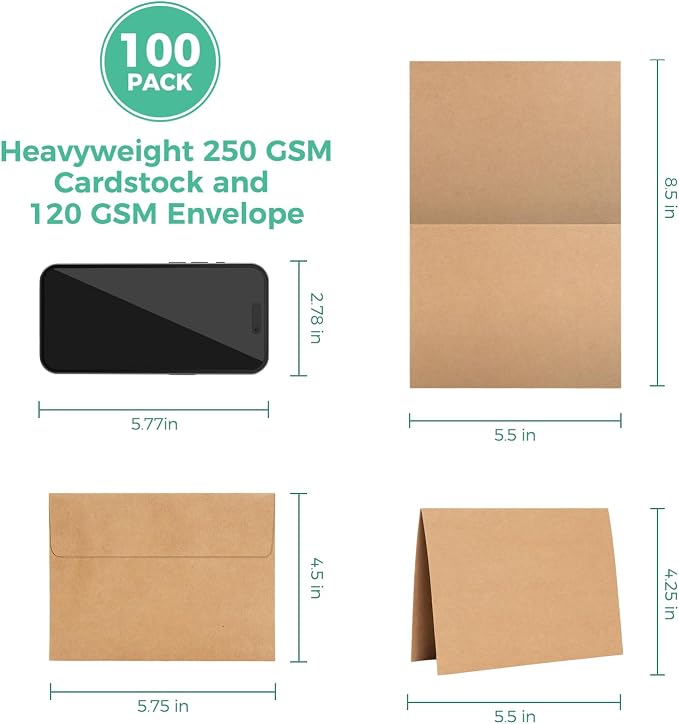 Ohuhu A2 Blank Brown Kraft Cards and Self-Seal Envelopes 100 Pack | 4.25" x