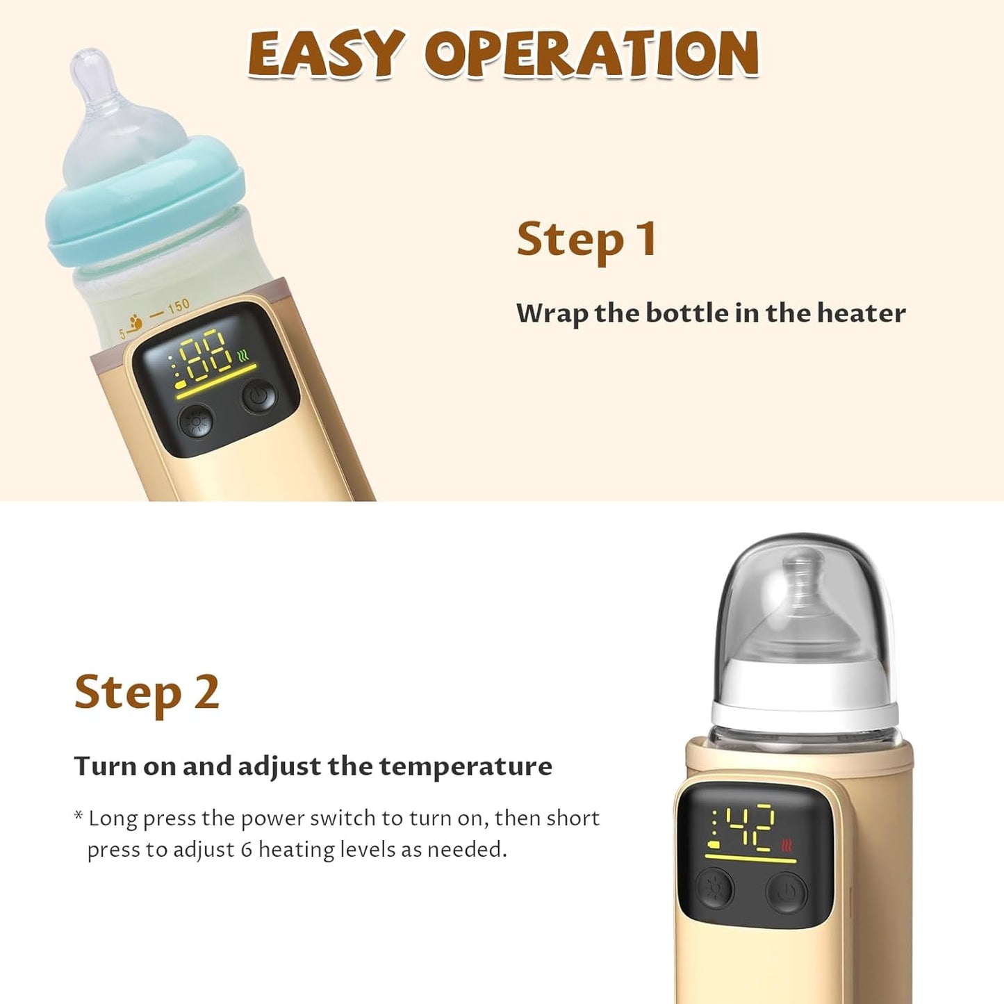Portable Baby Bottle Warmer - 6-Temp Fast Heating Travel Warmer with Night Light | Universal Fit for Most Bottles | Rechargeable & Leak-Proof | Perfect for Car, Diaper Bag & Overnight Use