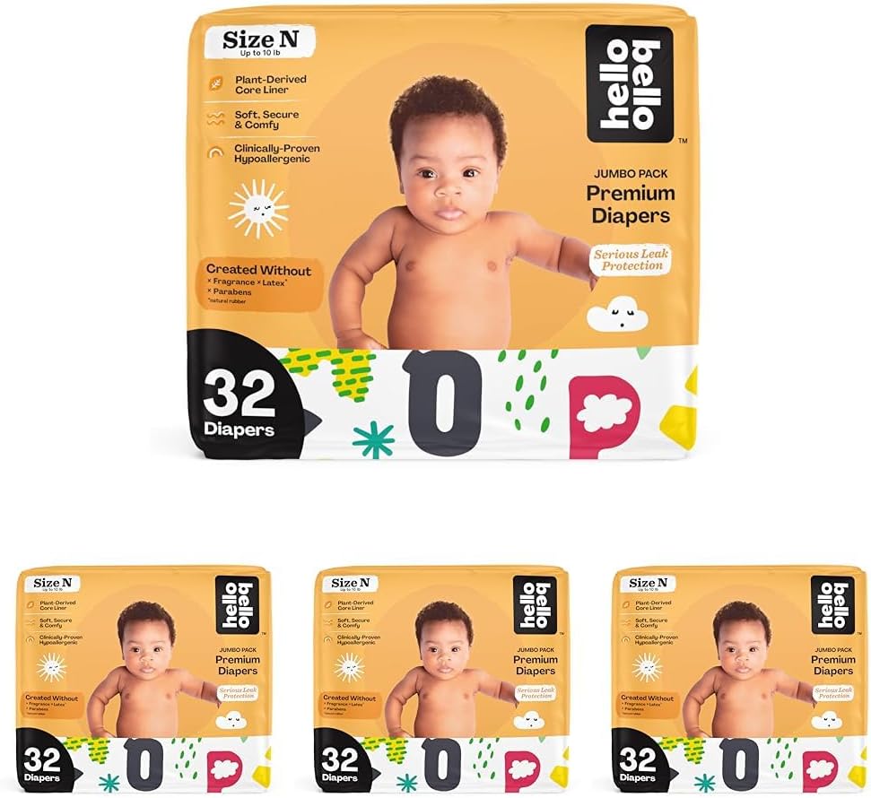 Hello Bello Baby Diapers Newborn Disposable | Plant-Based Material | Extra-Absorbent | Hypoallergenic | Alphabet Soup | 32 Count, Pack of 4