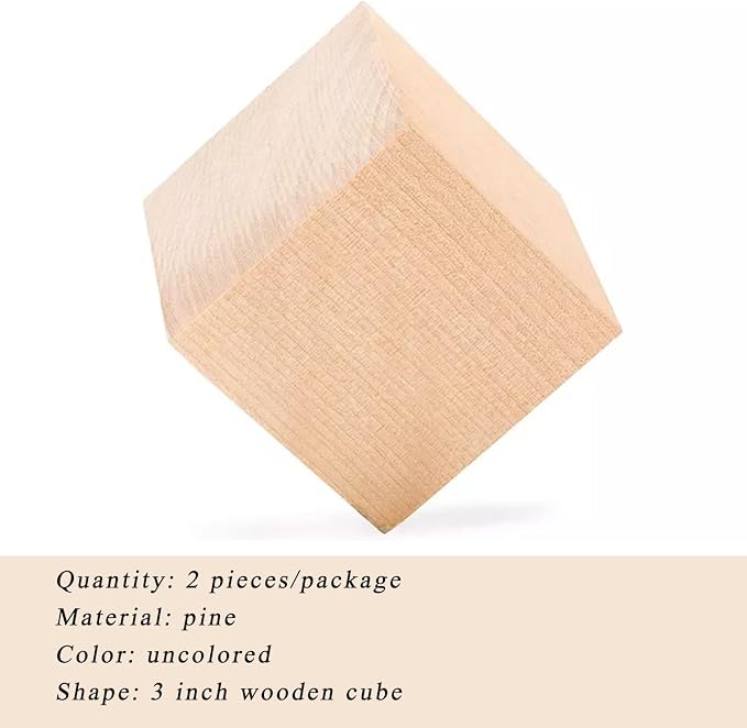Wood Blocks for Crafts, Large Unfinished Wood Cubes, 3 Inch Natural Wooden