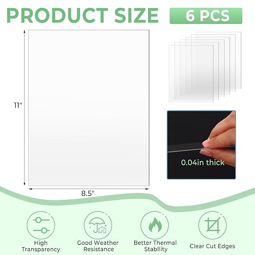 TKOnline 6 PCS Plexiglass Sheets, 8.5" x 11" x 0.04 Clear PET Sheet Panels