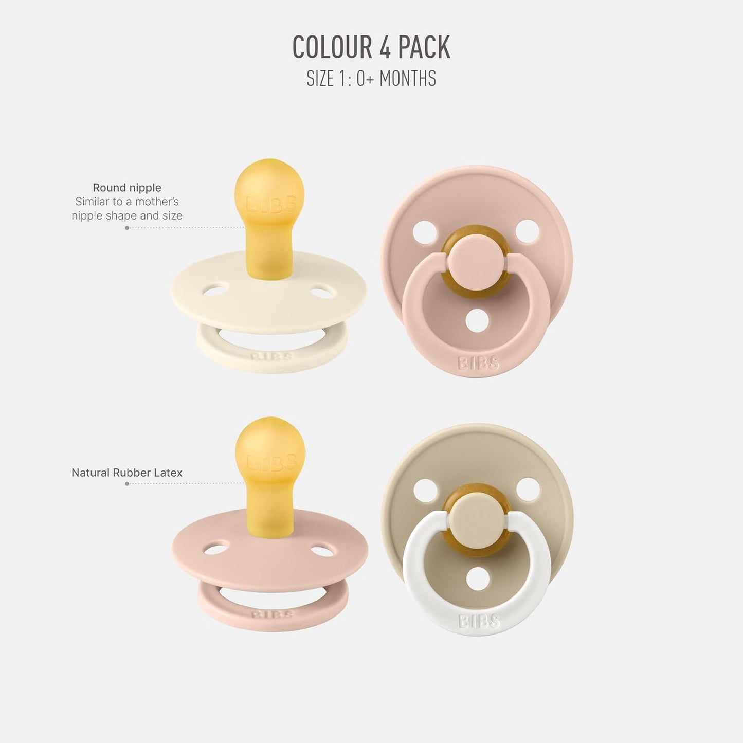 BIBS Colour Soother 4-Pack | BPA Free Dummy Pacifier | Round Nipple | Natural Rubber Latex | Made in Denmark | Size 0-6 Months | Blush Glow Mix