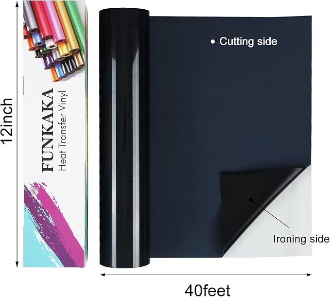 FUNKAKA Black Heat Transfer Vinyl Rolls, Adhesive Glossy HTV Vinyl