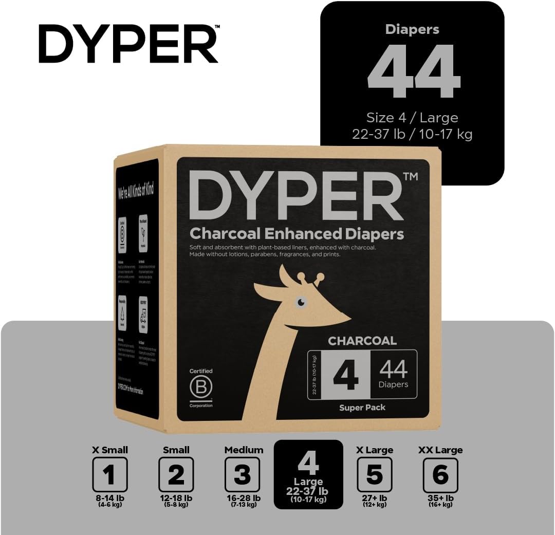 DYPER - Charcoal Enhanced Day & Overnight Disposable Baby Diapers - Made with Plant-Based* & Honest Ingredients, Hypoallergenic for Sensitive Skin - Size 4, (44 Count)