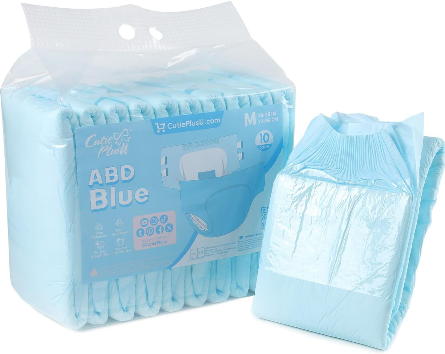CutiePlusU Disposable Adult Diaper Heavy Absorption Dry Surface Adult Diapers All Night- Blue 10 Pieces (Medium 28"-38")