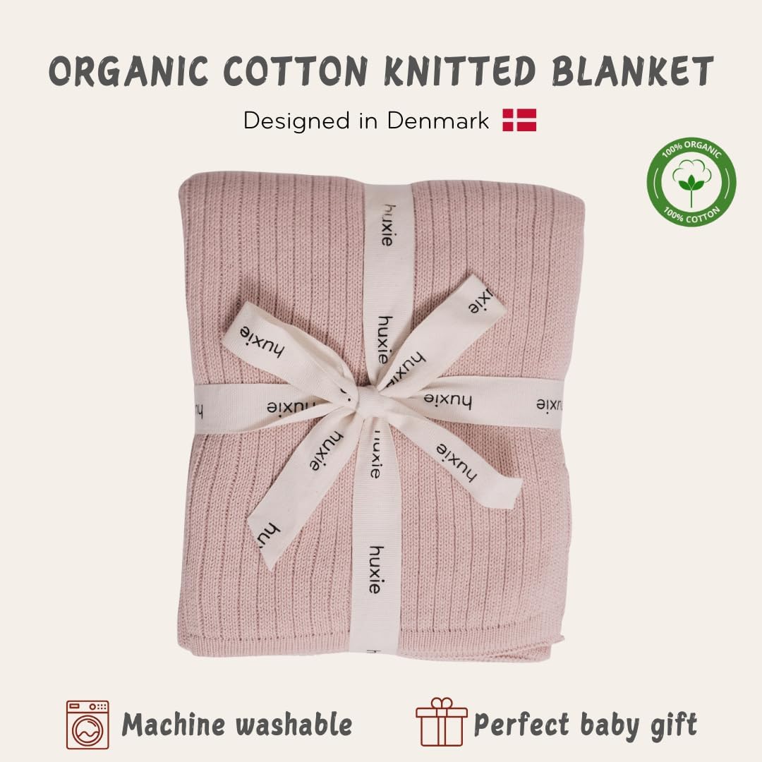 Knitted Organic Cotton Baby Blanket- Swaddle Blanket, 30" x 40" Soft Receiving Blanket for Newborn (Ribbed-Blush)