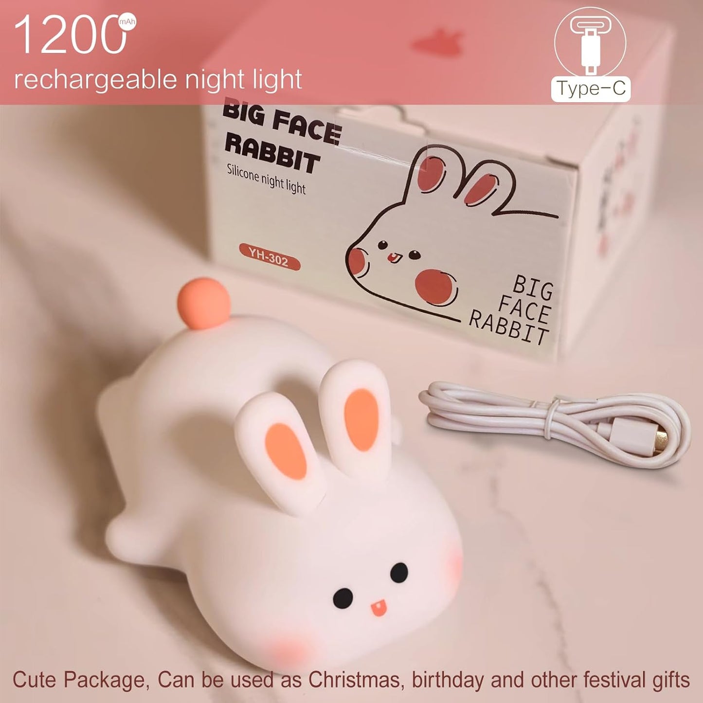 Squishy Bunny Night Light, Cute Easter Rabbit, Bunny Lamp, Led Big Face Rabbit Decor, Novelty Gifts, Dimmable Rechargeable Light up Bunnies, Nursery Room College Dorm Touch Nightlight
