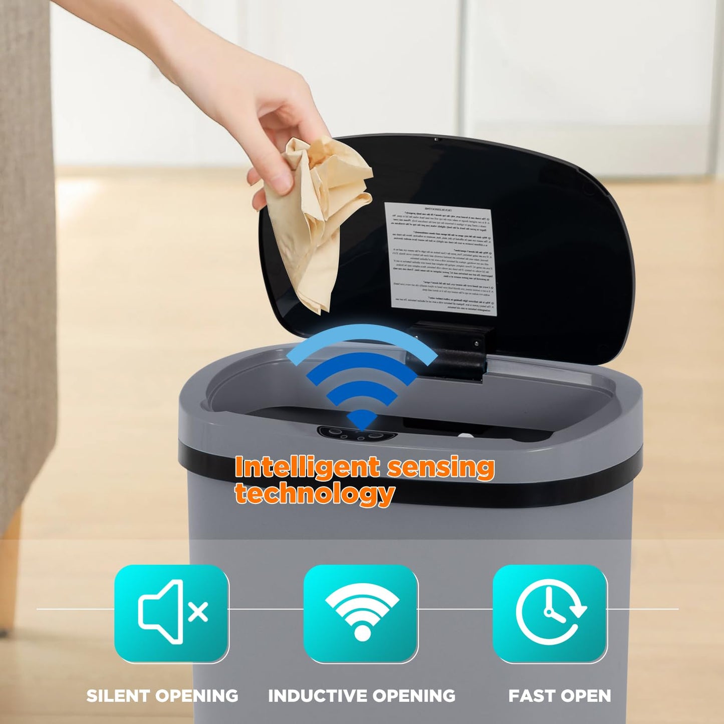 BestOffice | 13 Gallon Plastic Trash Can with Lid | Gray | Automatic Touchless Garbage Can | Odor Control | Modern Oval Design | Easy to Clean | Fits Any Kitchen, Bathroom, Office or Home