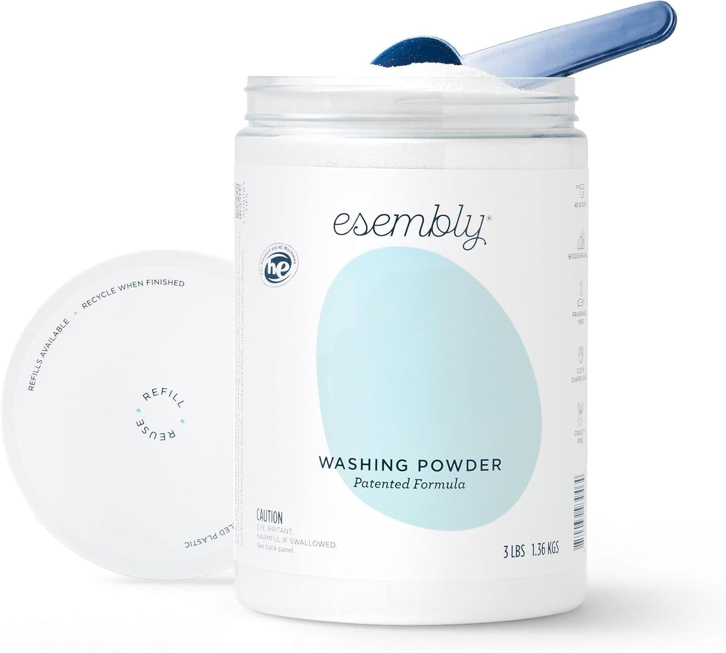 Esembly Laundry Washing Powder – HE Mineral Based Detergent for All Household Laundry and Cloth Diapers – Patented, Fragrance-Free, EWG Verified, Earth-Friendly, (3lb Refillable Canister and Scoop)