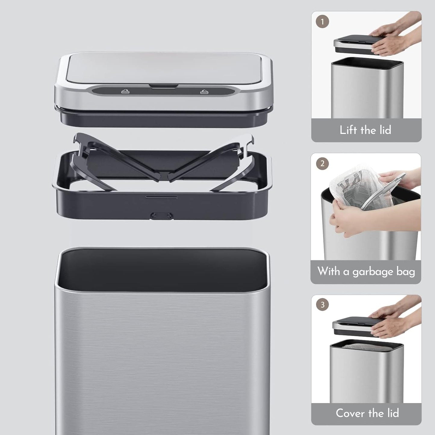 ELPHECO Stainless Steel Office Trash Can Motion Sensor Garbage Can Touchless Smart Trash Can Automatic Waste Bin for Kitchen, Office, Bathroom (Silver, 6.6 Gallons), 2AA
