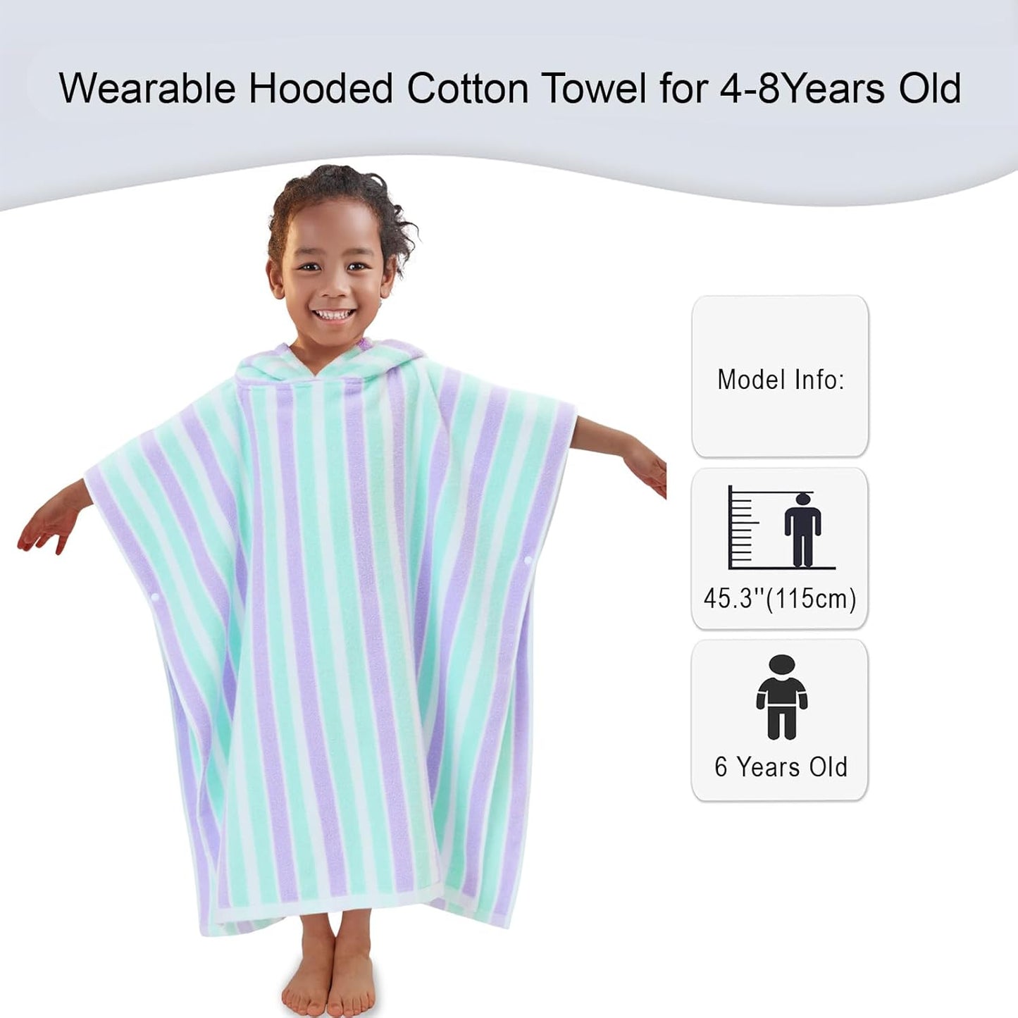 VOOVA & MOVAS Poncho Towels for Kids (4-8Years), Quick Dry Lightweight Absorbent Cotton Hooded Towel Robe for Pool | Swim | Beach | Bath, Aqua Purple Stripe