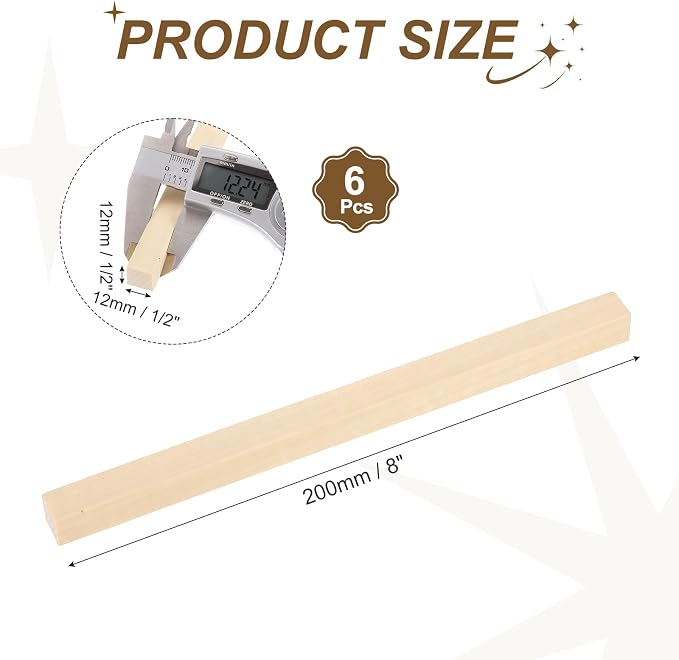 MECCANIXITY 6Pcs Basswood Sticks, 1/2" x 1/2" x 8" Square Wooden Dowel Rods