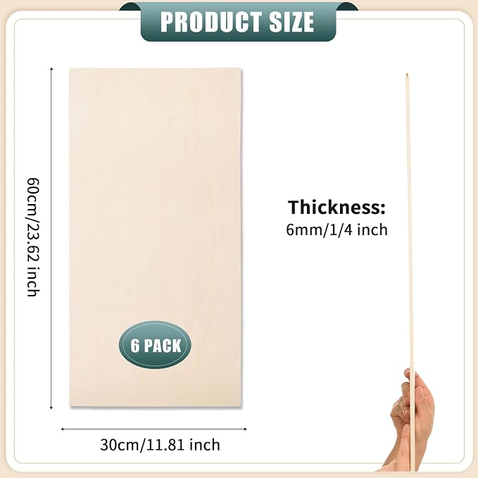 6 Pack 12 x 24 x 1/4 Inch-6mm Thick Basswood Sheets