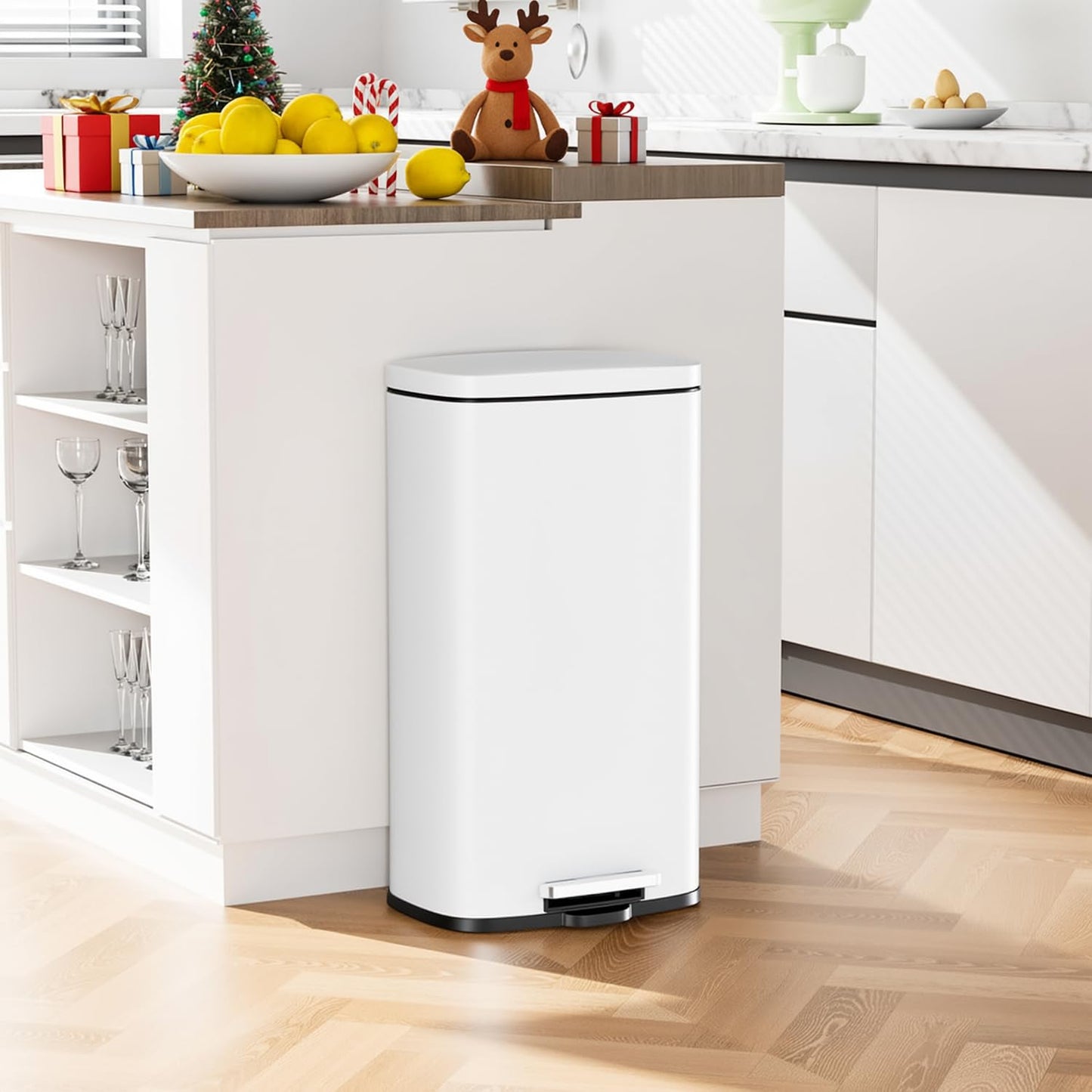 Arlopu 8 Gallon Step Trash Can, Stainless Steel Garbage Bin, Soft-Close Rubbish Bin with Removable Plastic Inner Bucket, Fingerprint-Proof, Lid Dustbin, Suit for Kitchen Home (White, 30L)