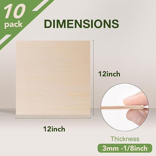 Rowood 10 Pack Maple Plywood 1/8, 3mm Wood Sheets Thin Unfinished Maple Plywood