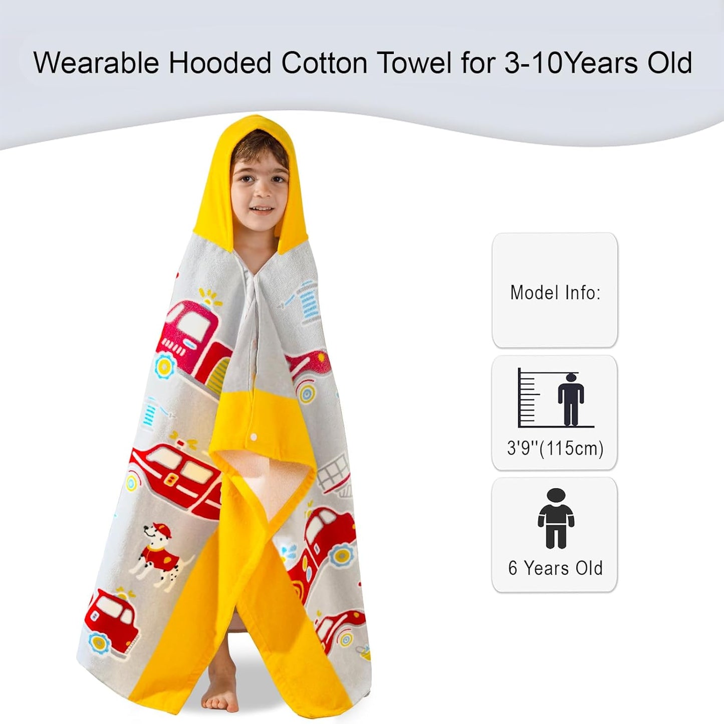 VOOVA & MOVAS Kids Bath Towels for Boys, Ages 3-10, 30''X50, | Soft Thick Absorbent Cotton, Beach | Pool | Bath Hooded Towels, Yellow Fire Truck