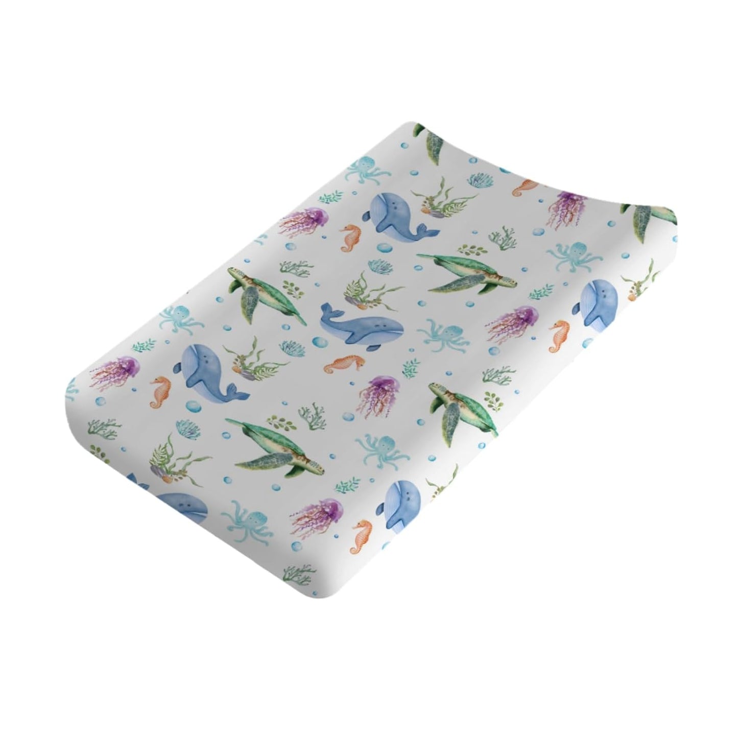 Colorful Sea Animals Changing Pad Cover Turtle Whale Jellyfish Sea Horse Weeds Sealife Diaper Change Table Sheets for Boys Girls Soft Stretch Changing Pad Mats Covers 32''x16''