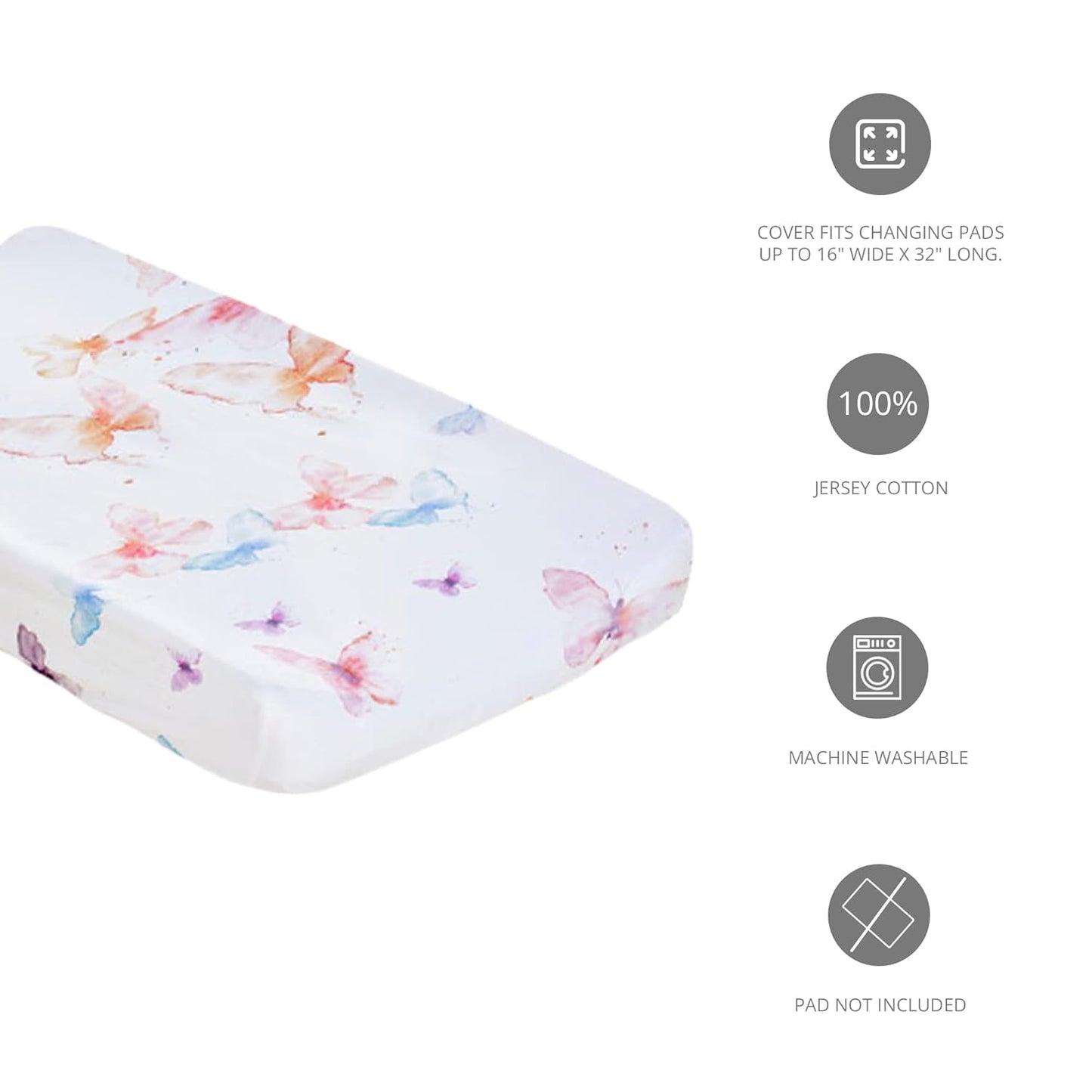 Oilo Changing Pad Cover, Breathable 100% Turkish Cotton Fitted Jersey, 300 Thread Count, Machine Washable, Fits Standard Changing Pads (32" x 16"), Girl, Boy, & Neutral Nursery Design, Butterfly