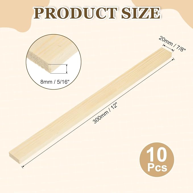 MECCANIXITY 10Pcs Wood Strips Slats, 5/16" x 7/8" x 12" Thin Wood Sticks Flat