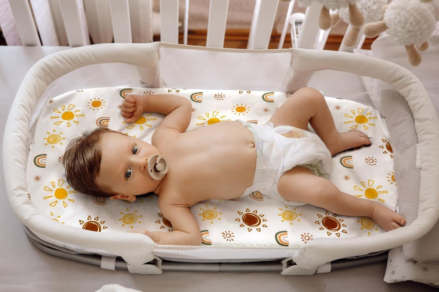 Jola's House 4 Pack Boho Bassinet Sheets - Sunshine & Rainbow Design - Neutral Unisex - Fitted Baby Bassinet Sheets