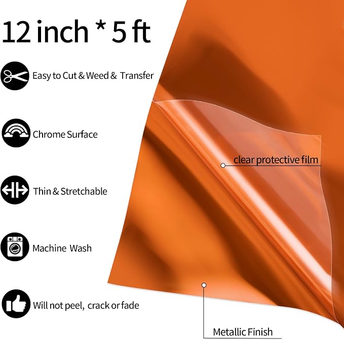 VINYL FROG Orange Metallic Foil Heat Transfer Vinyl Roll 12" x5ft Orange Iron