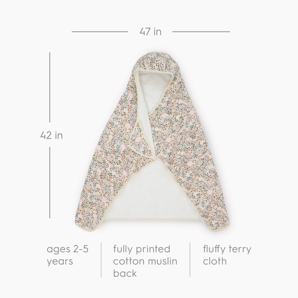 Little Unicorn Premium Hooded Bath Towel| Absorbent Cotton & Terry Blend | Larger Size, 1-6 Years (Pressed Petals)