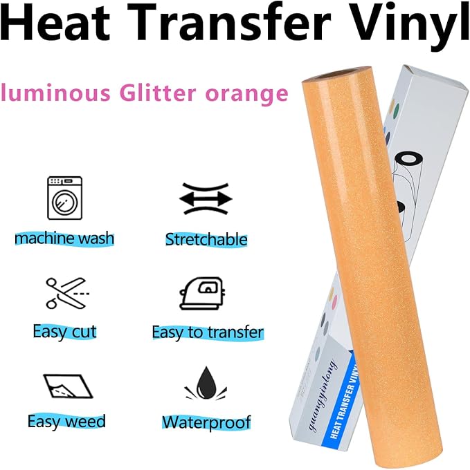 guangyintong Glow Glitter Orange Yellow Heat Transfer Vinyl HTV Rolls, Glitter