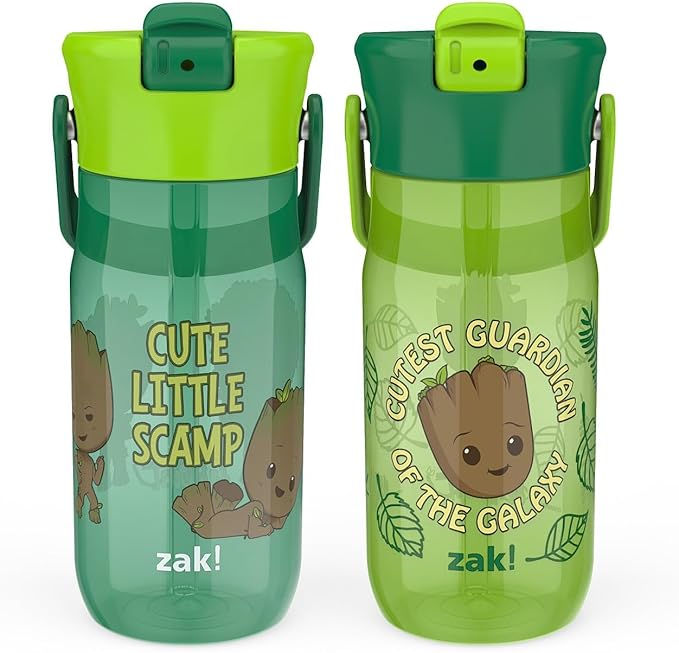 Zak Designs Harmony Marvel Groot Water Bottle for Travel or At Home, 18oz Recycled Plastic is Leak-Proof When Closed with Straw Lid and Carry Handle, 2-Pack (Groot)