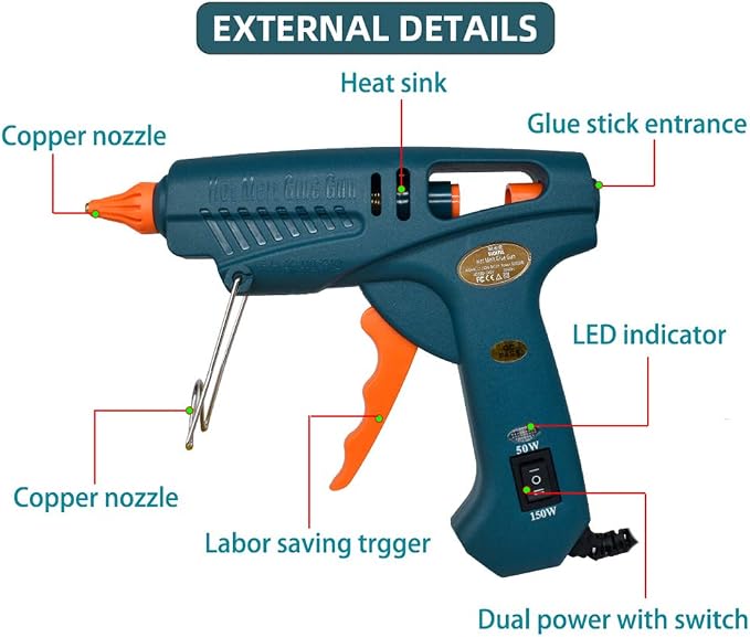 Full Size Hot Glue Gun Nozzle Set, 50/150 Watts Dual Power