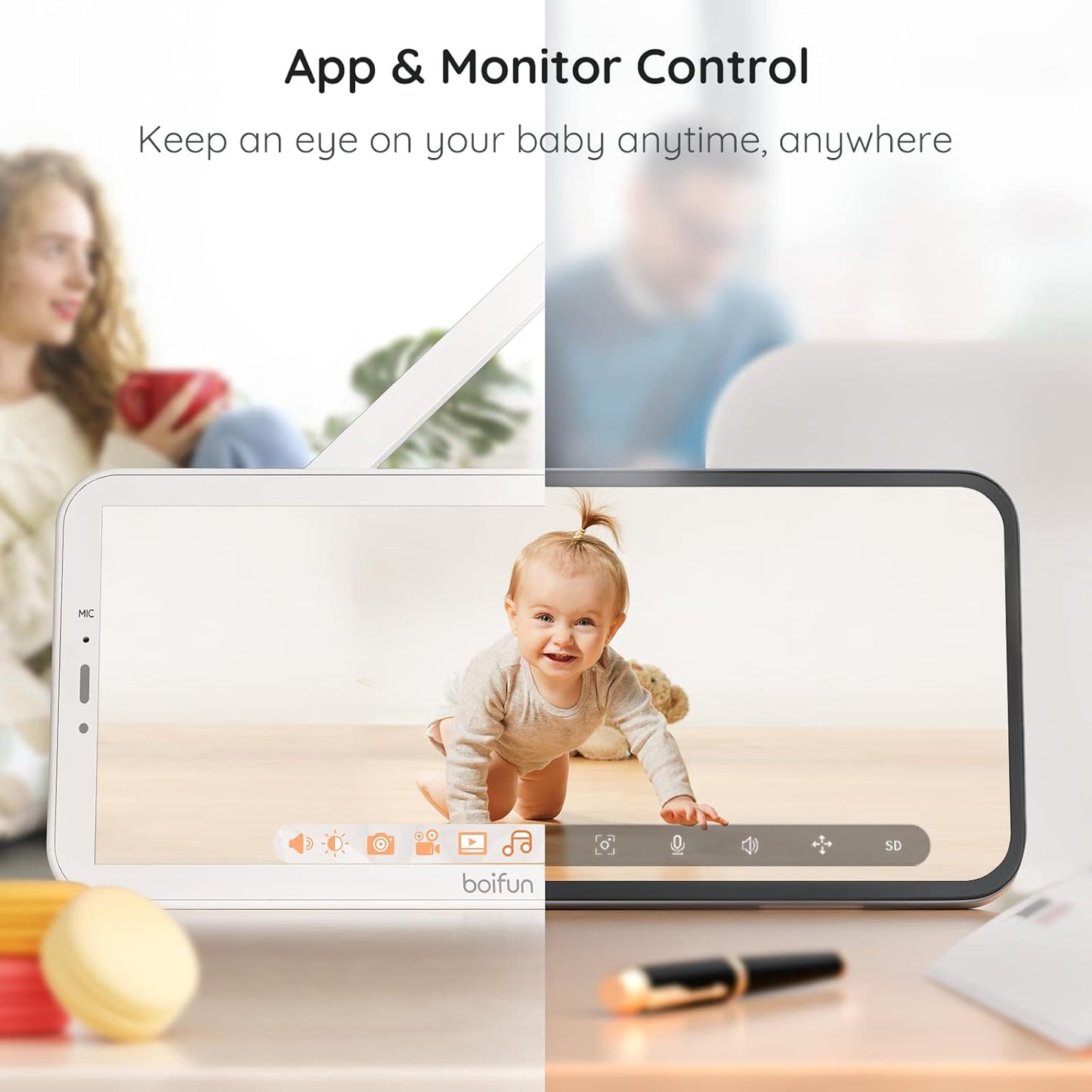 BOIFUN 5" Baby Monitor, 1080P WiFi Baby Camera Via App and Screen Control, Night Vision, 2-Way Talk, Cry& Motion Detection, Record & Playback, Lullabies, Phone App, Works with iOS, Android
