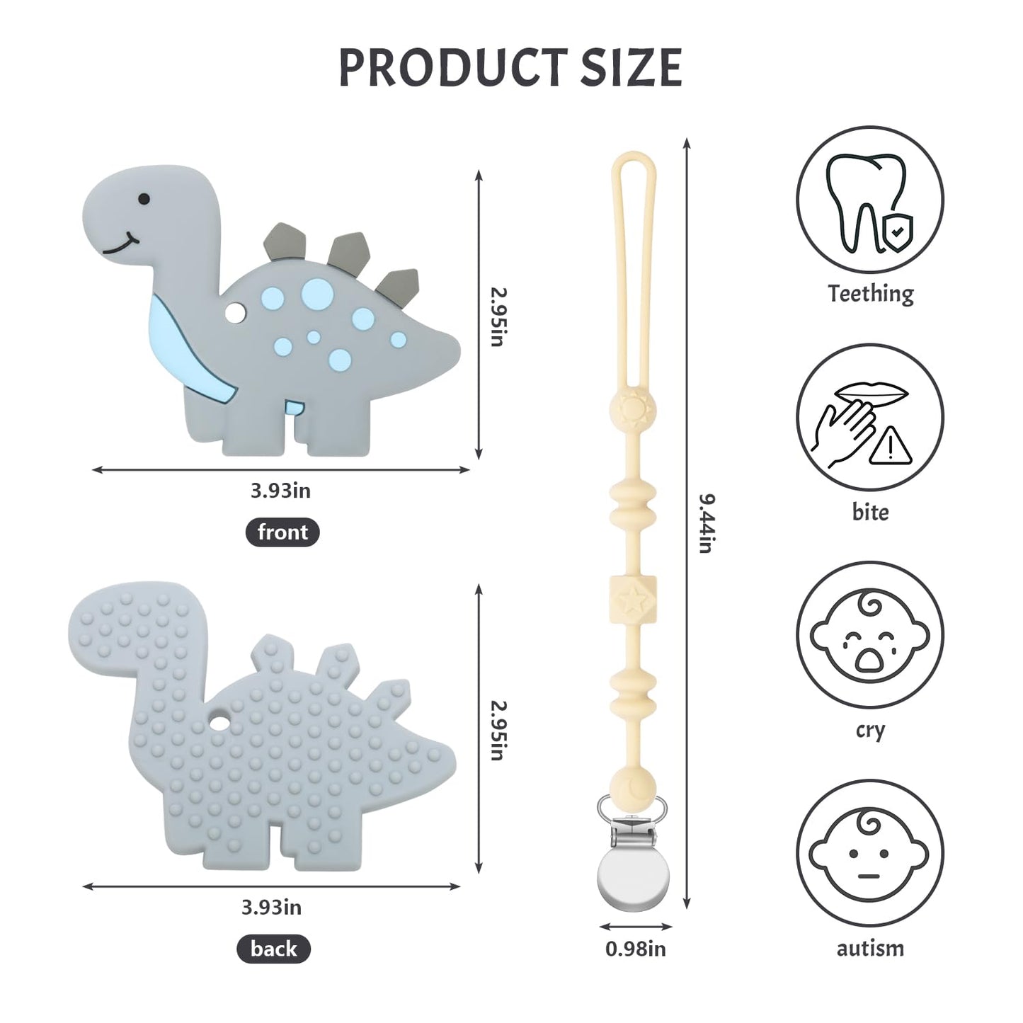 Baby Teething Toys for Babies, Dinosaur Teether Pain Relief Toy with One Piece Design Pacifier Clip Holder Set, Freezer Safe Neutral Shower Gift for Boys and Girls (Gray)