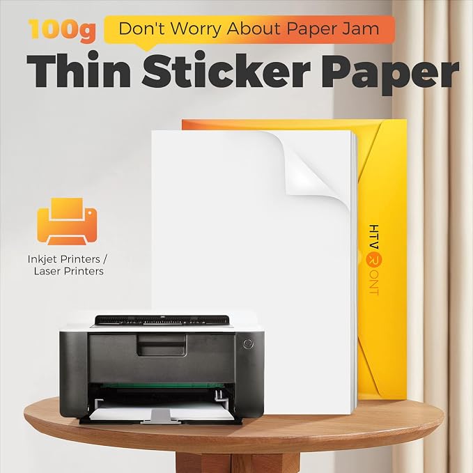 HTVRONT Printable Vinyl Sticker Paper, 100 Sheets Matte Waterproof Sticker Paper