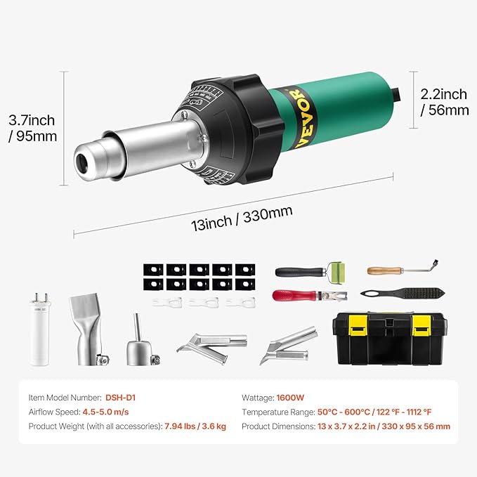 VEVOR Hot Air Plastic Welder, 1600W Hot Air Torch Pistol, 122-1112℉ PVC TPO Vinyl Heat Gun Welding Torch, Plastic Roofing Welding Kit with 11 Accessories- Toolbox, Nozzle, Roller, Blades for PP/PE/PVC