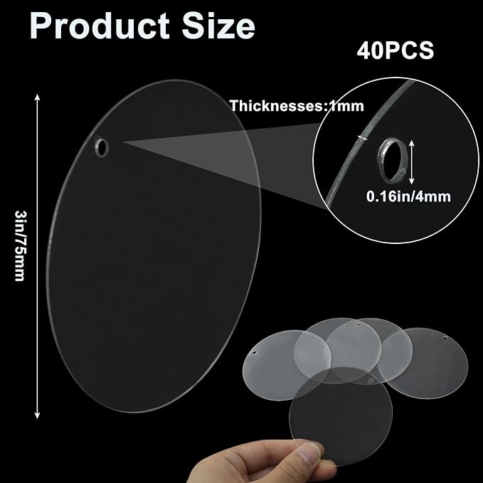 Zorfeter Clear Acrylic Blanks, 3 Inch Round, 40 Pack | Circle Ornament Blanks