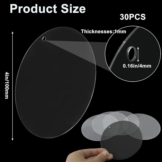 Zorfeter Clear Acrylic Blanks, 4 Inch Round, 30 Pack | Circle Ornament Blanks
